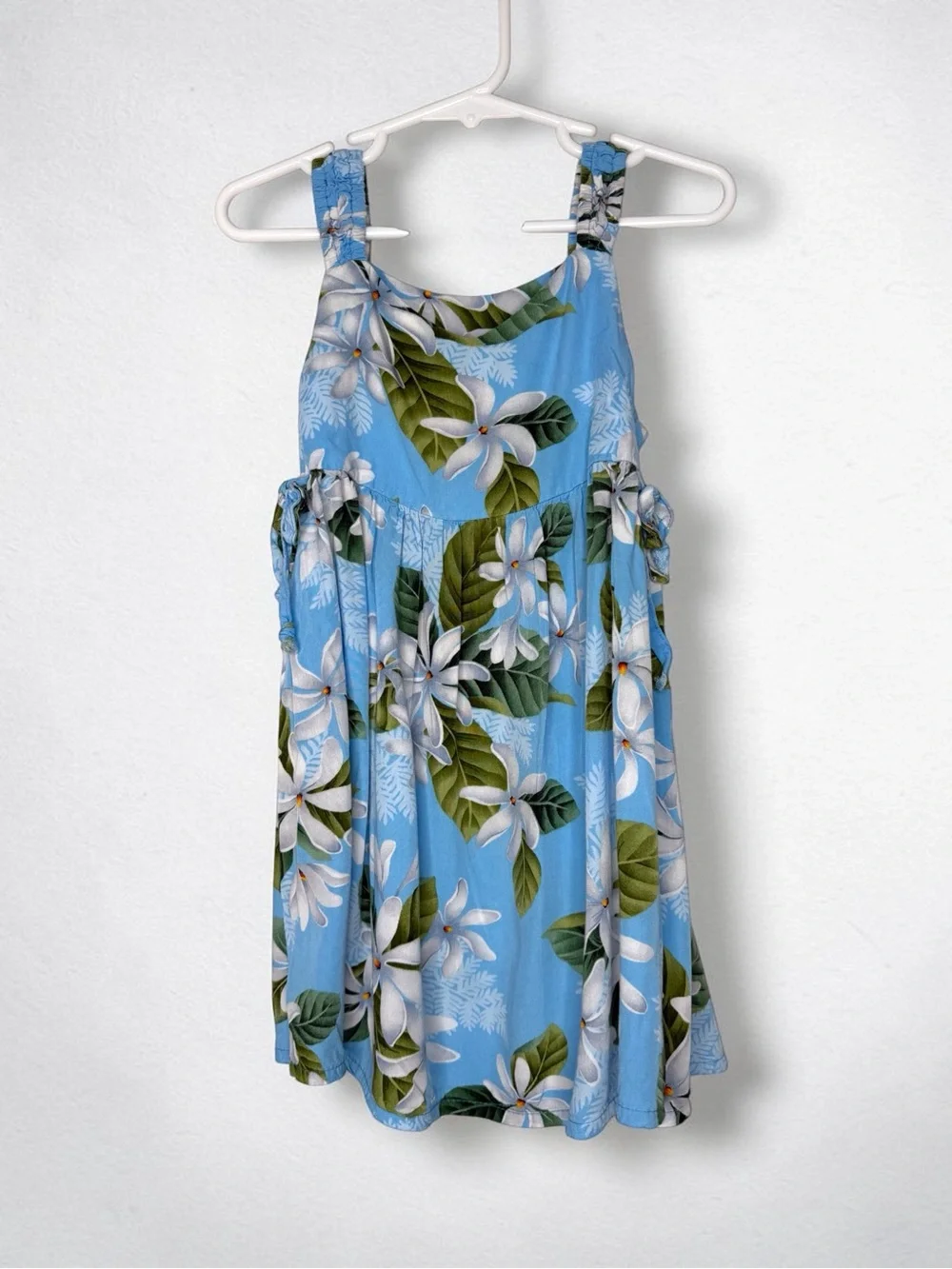 Blue Tropical Hawaiian White Plumeria Floral Swing Sundress Girls 4